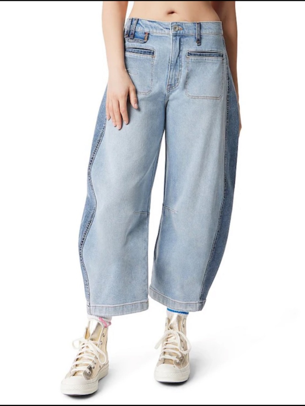 840. FRAYED High Rise Color Block Barrel Jeans NWT $69